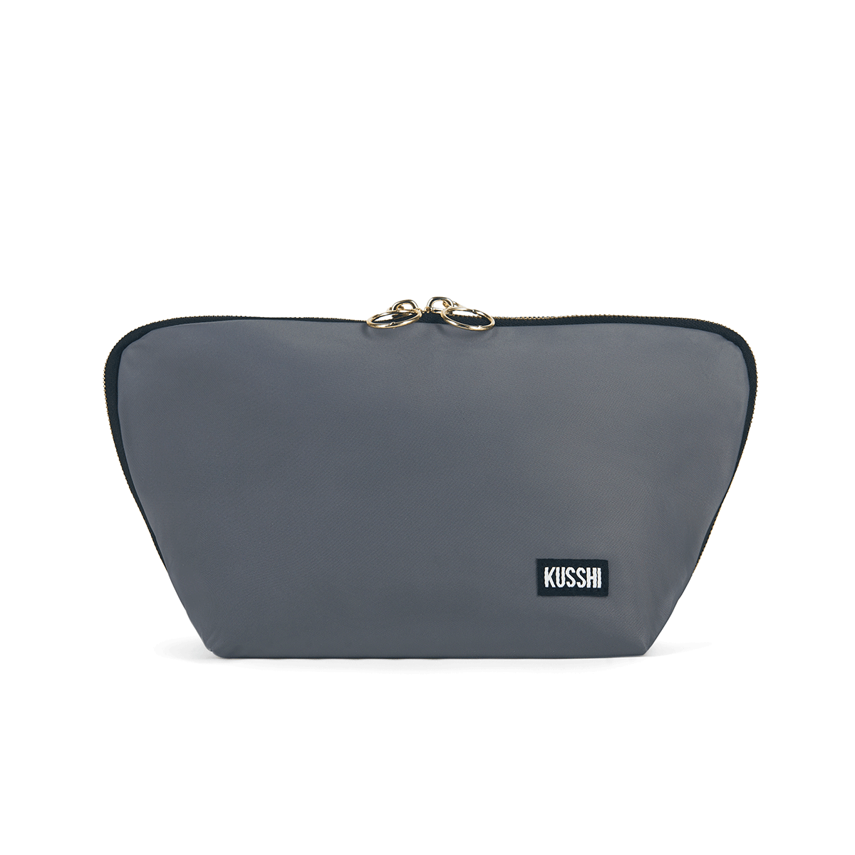 color: Steel Grey Fabric with Red Interior; alt: Signature Medium Size Makeup Bag | KUSSHI